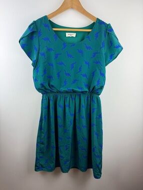 Peach Love California Teal Dinosaur Print Mini Dress ModCloth Petal Sleeve - Med